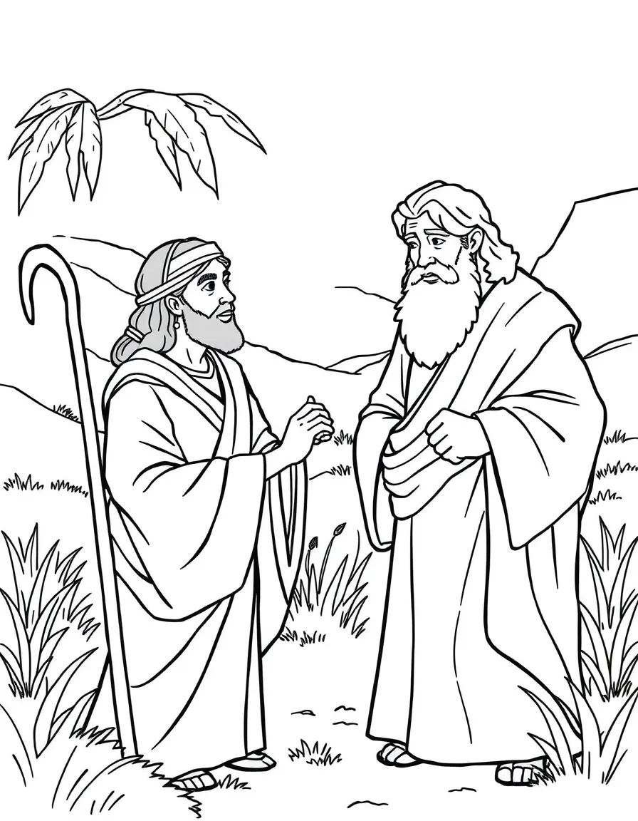Moses finding his wife Zipporah and his father-in-law Jethro.