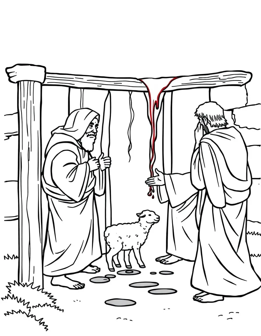 The Israelites putting lamb's blood on their doorposts.