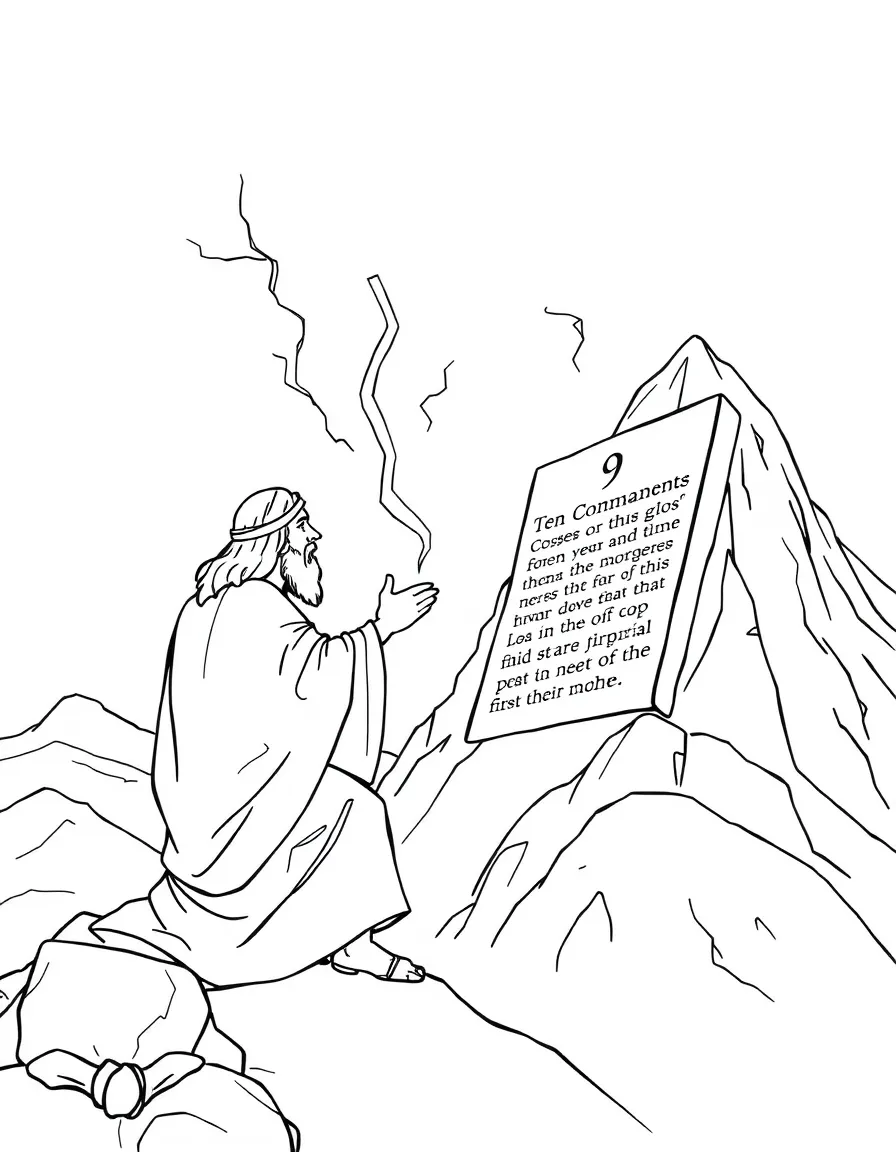 Moses receiving the Ten Commandments on the mountain, with lightning.