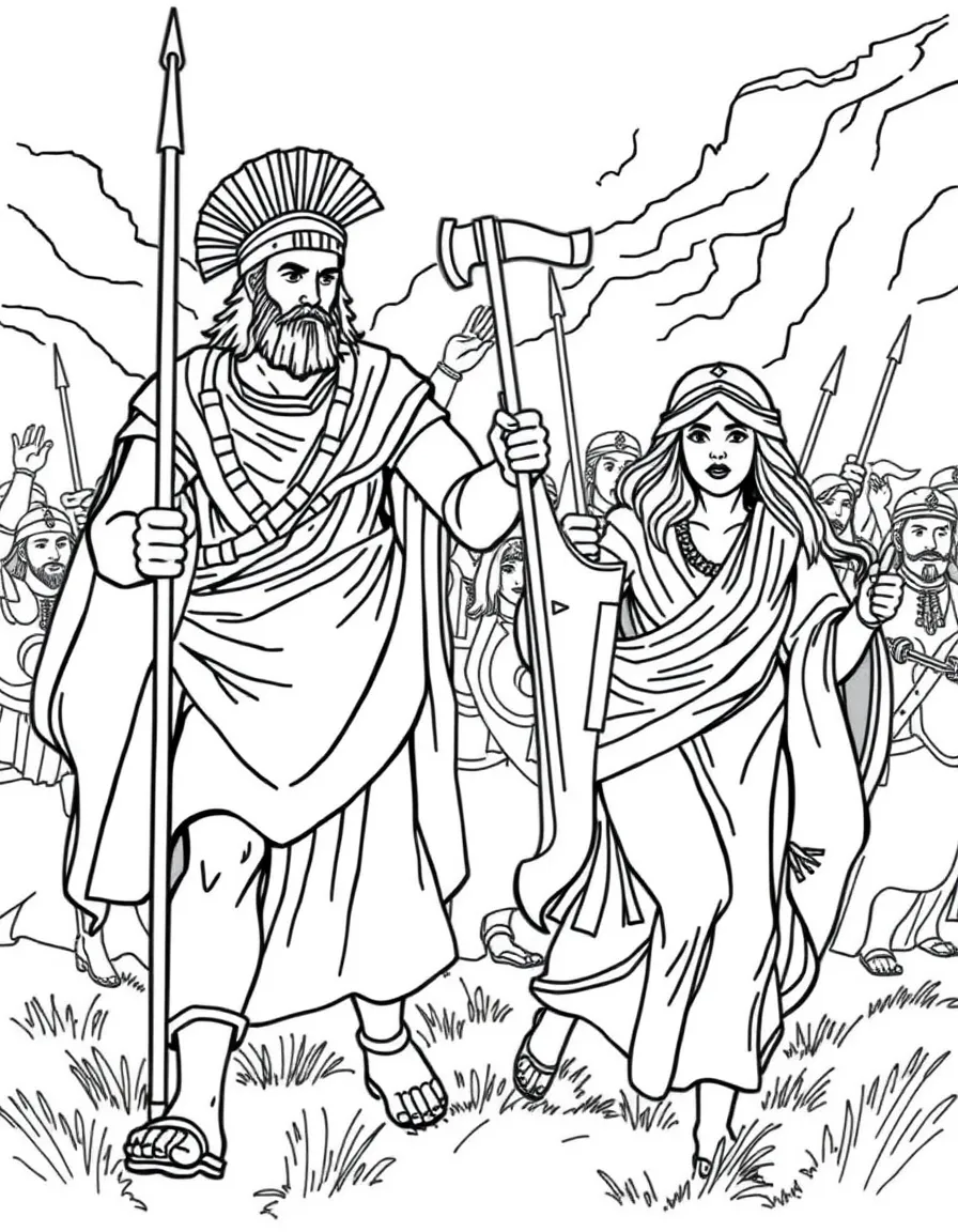 Barak and Deborah leading the Israelites in battle.