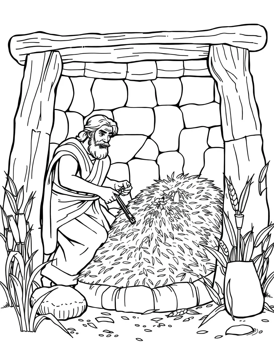 Gideon threshing wheat in a winepress to hide from the Midianites.