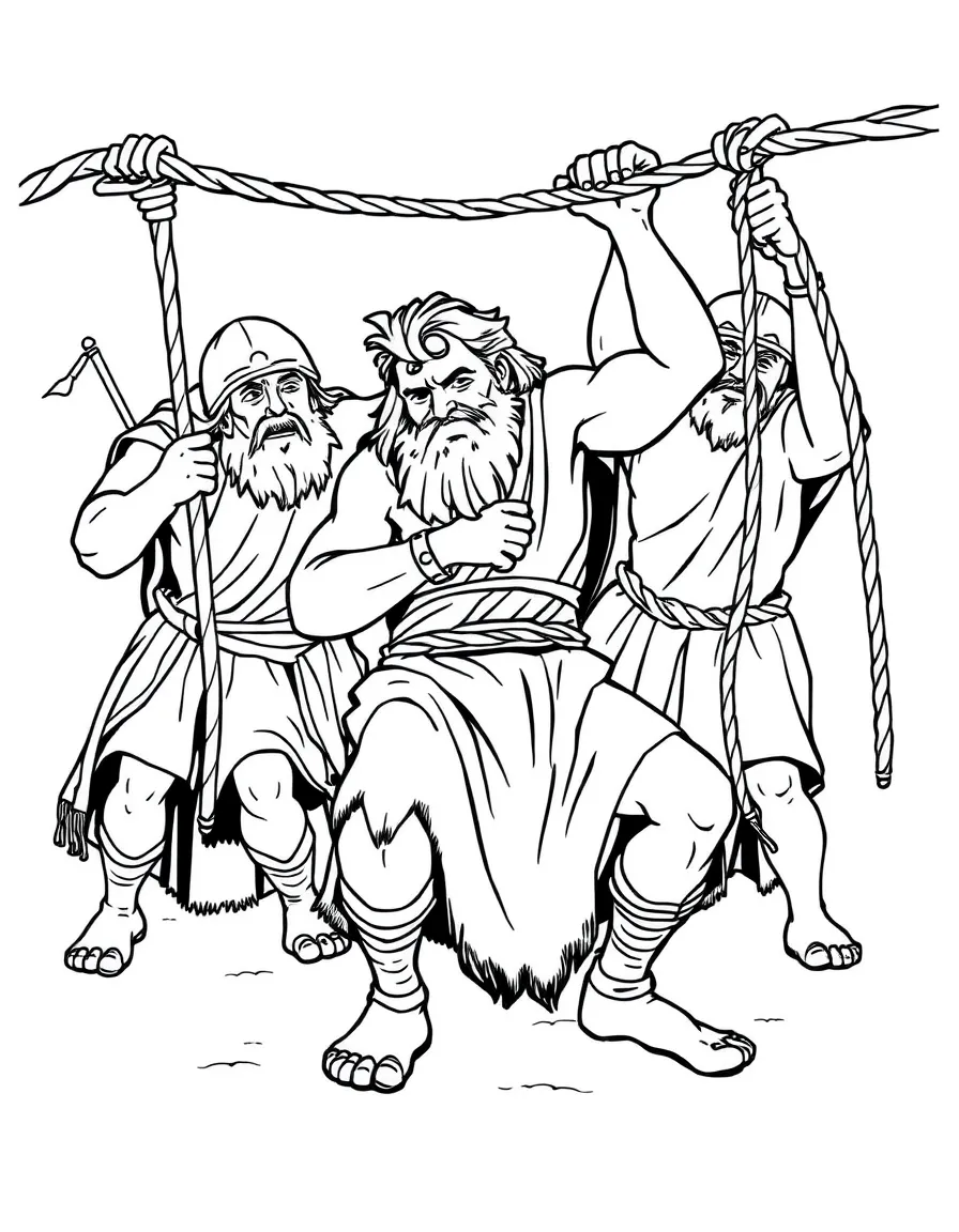 Samson tied up by the Philistines, but breaking the ropes.