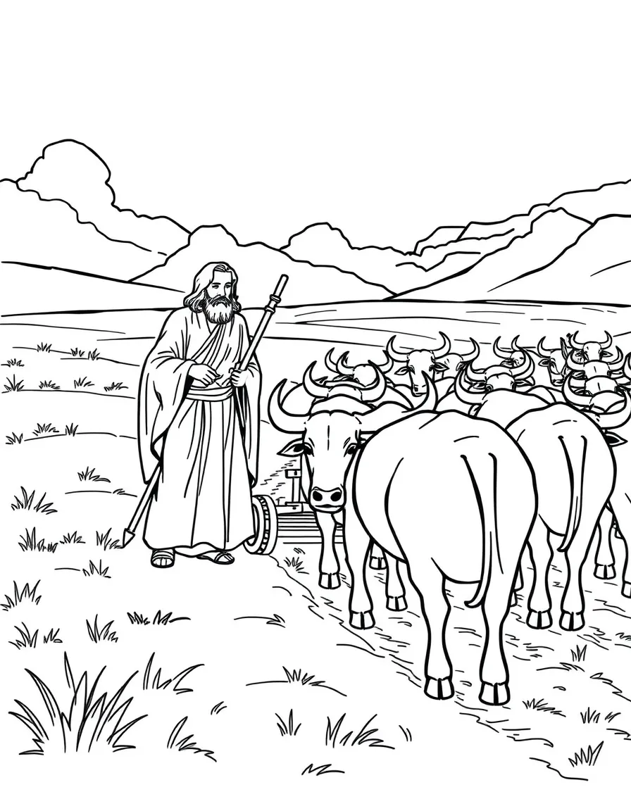Elijah finding Elisha plowing with twelve yoke of oxen.