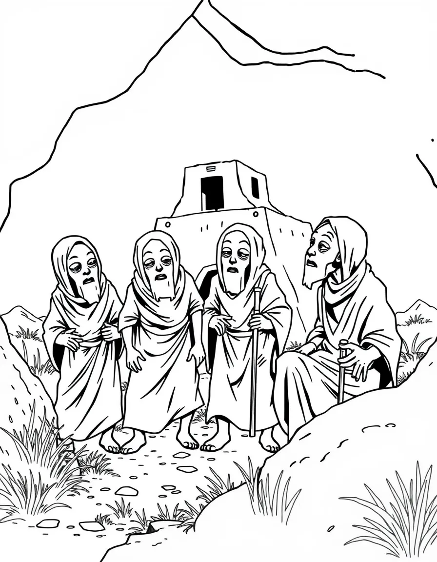Four lepers discovering the abandoned Syrian camp.