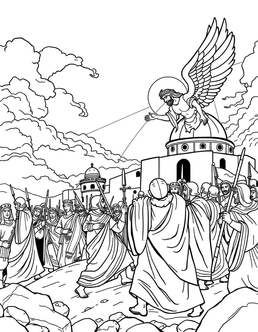 God saving Jerusalem from the Assyrian army with one angel.