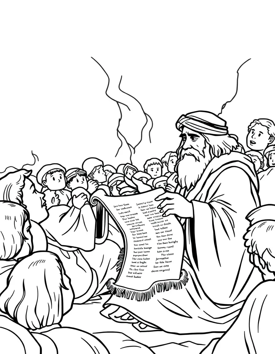 Baruch reading Jeremiah's scroll to the people.