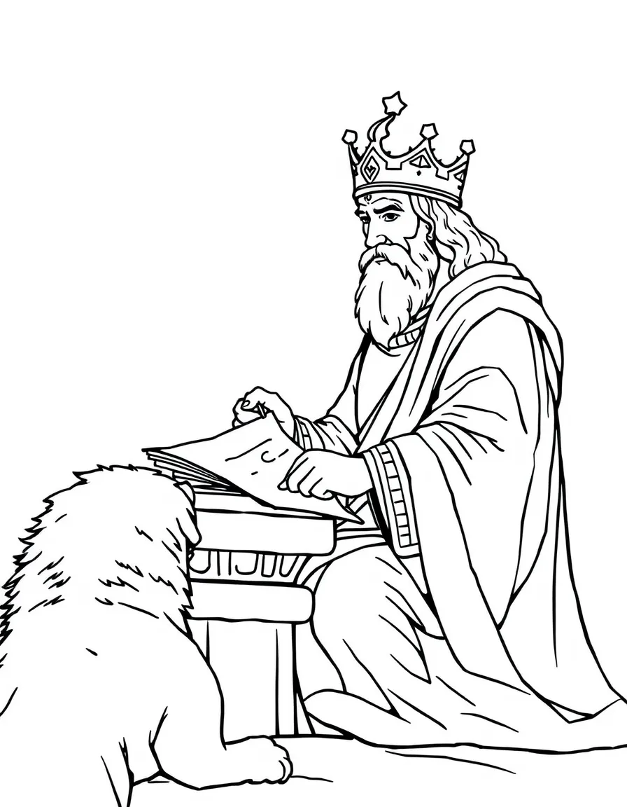 King Darius signing the decree to throw Daniel to the lions.