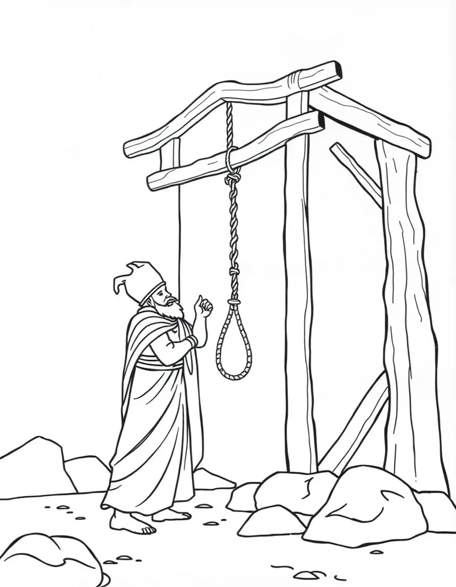 Haman building gallows to hang Mordecai.