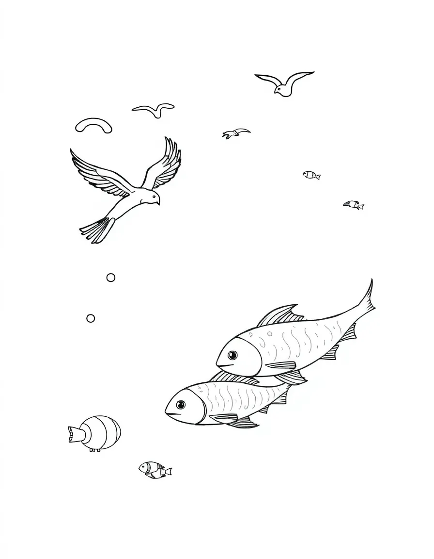The creation of birds flying in the air and fish swimming in the sea.