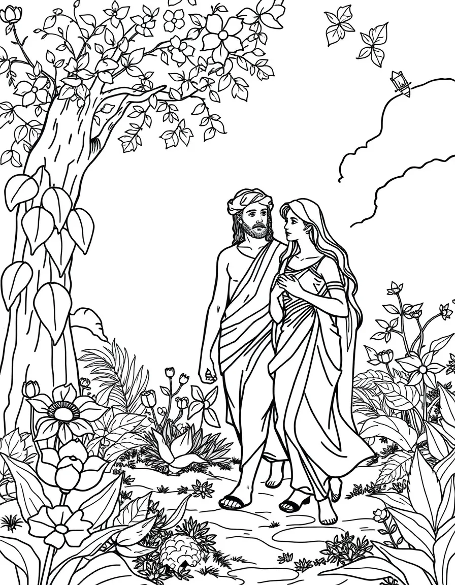 Adam and Eve walking in the garden, talking with God.