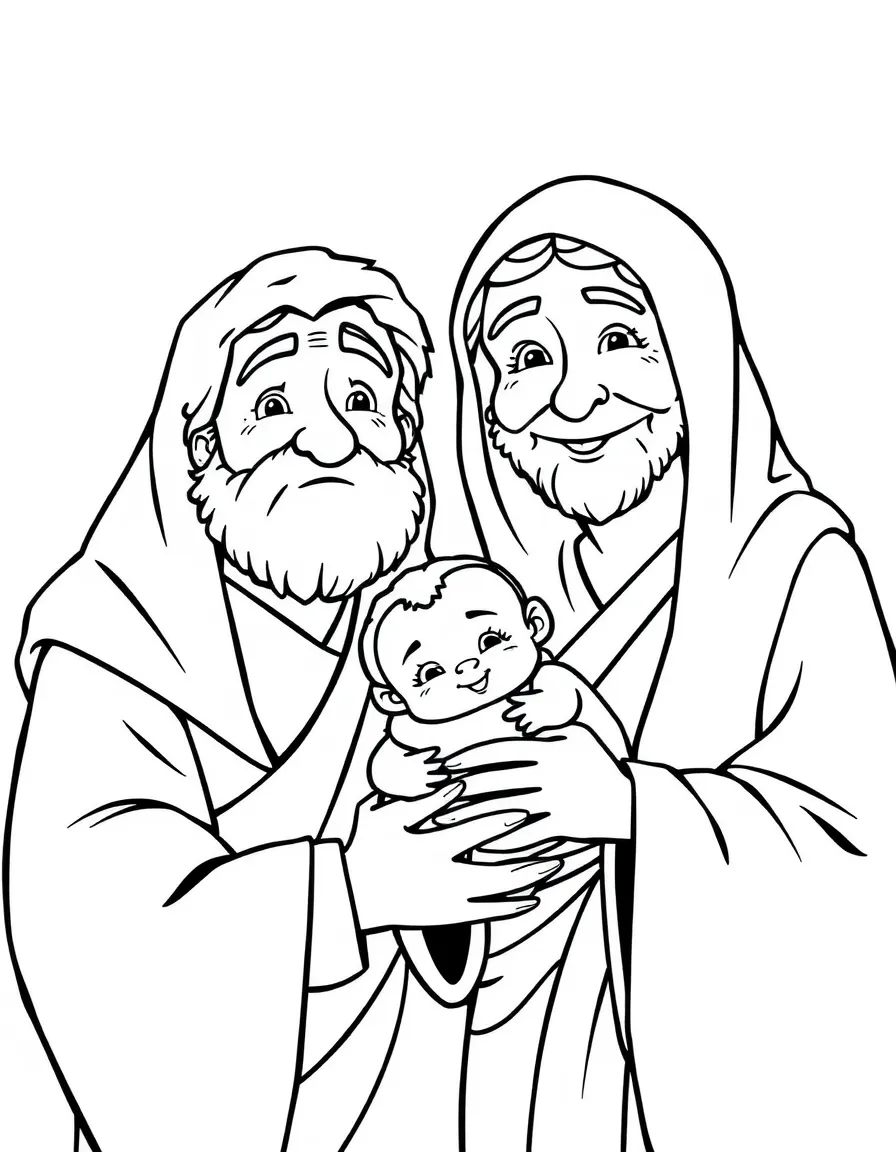 Abraham and Sarah looking very old but happy with baby Isaac.