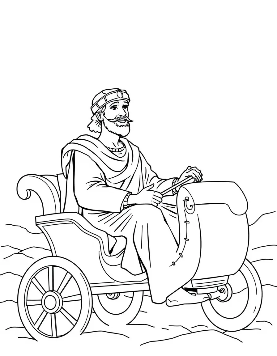 Joseph dressed in fine linen, riding in Pharaoh's chariot.
