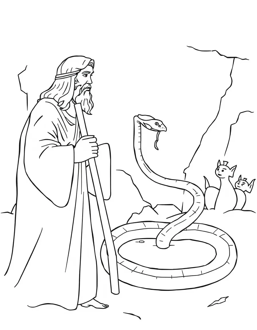 Moses' rod turning into a snake before Pharaoh.