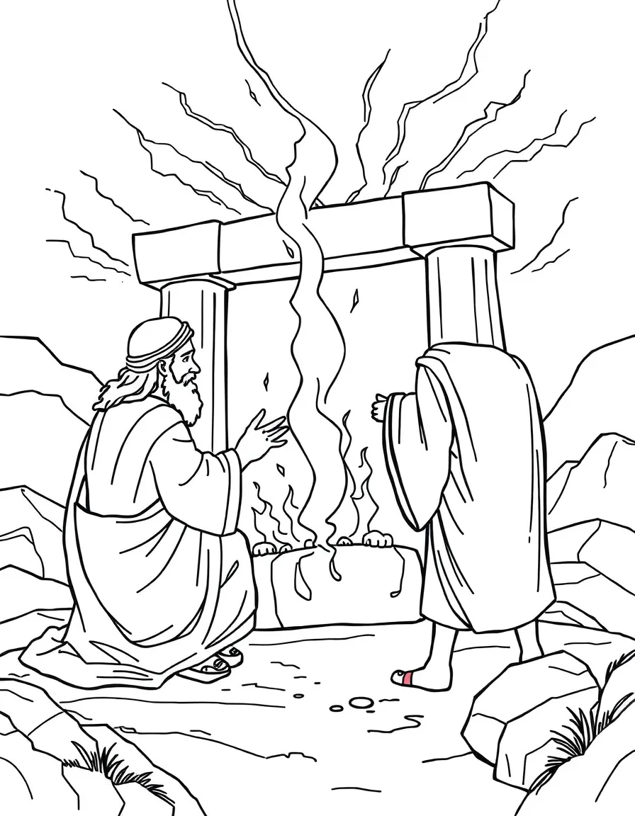 Moses breaking the stone tablets after seeing the golden calf.