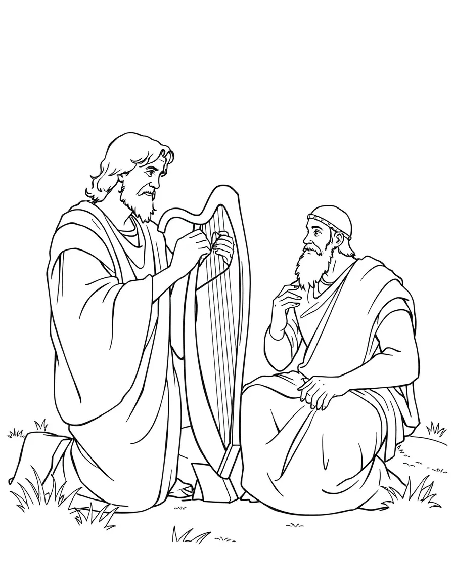 David playing his harp for Saul, and Saul looking peaceful.