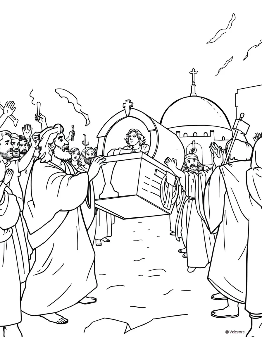 David bringing the ark into Jerusalem with loud shouts and trumpets.
