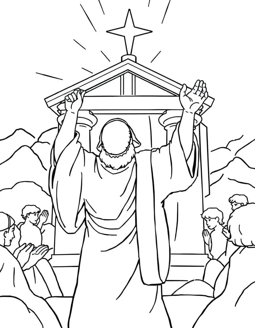 Solomon dedicating the temple, raising his hands in prayer.