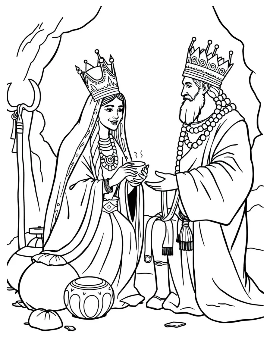 The Queen of Sheba giving Solomon many precious gifts.