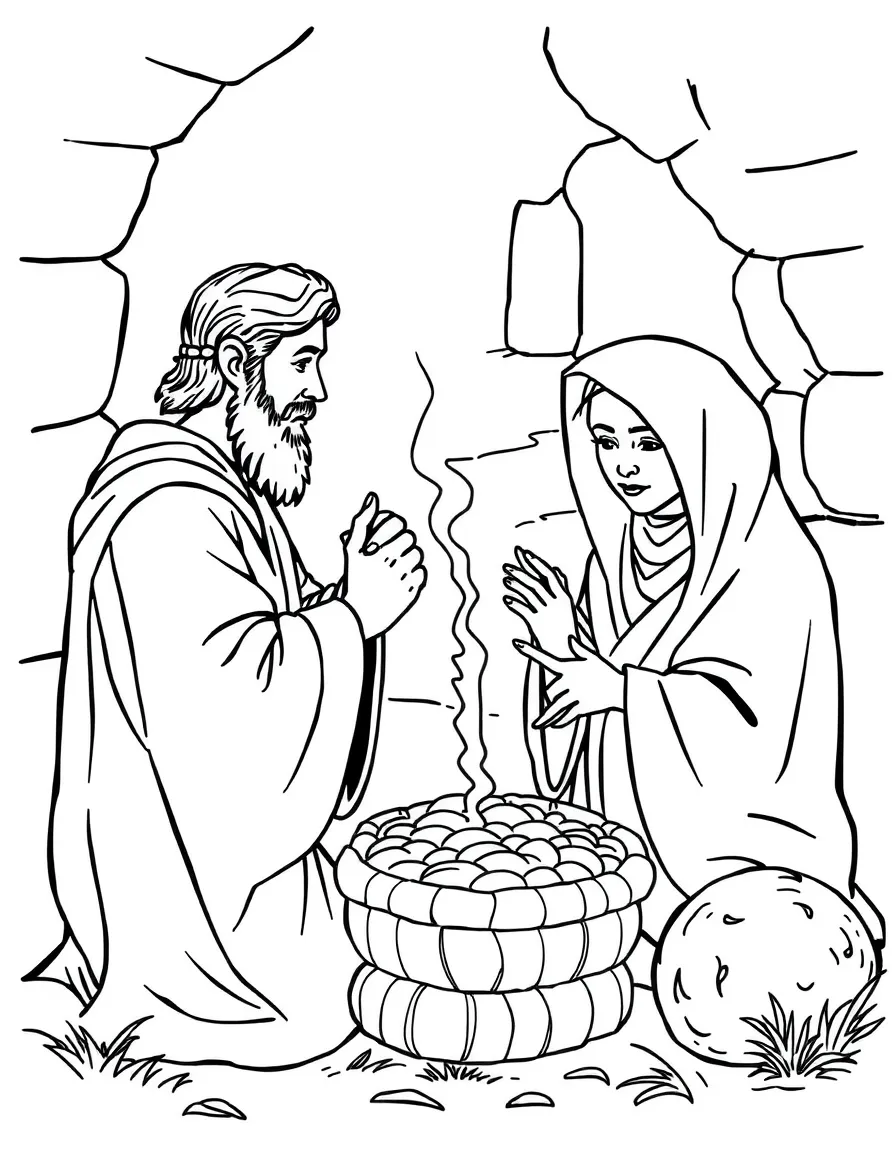 Elijah being fed by a widow in Zarephath, with her endless flour and oil.