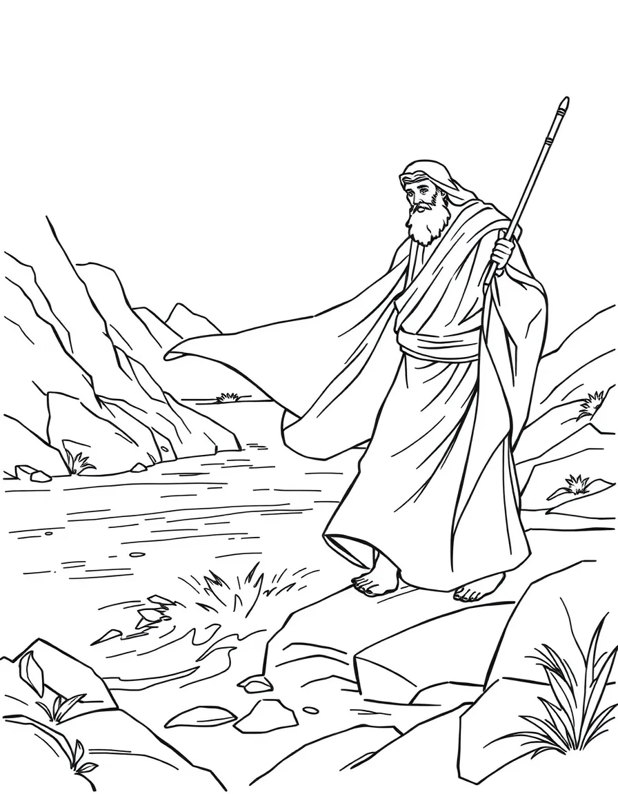 Elisha crossing the Jordan River on dry ground with Elijah's cloak.