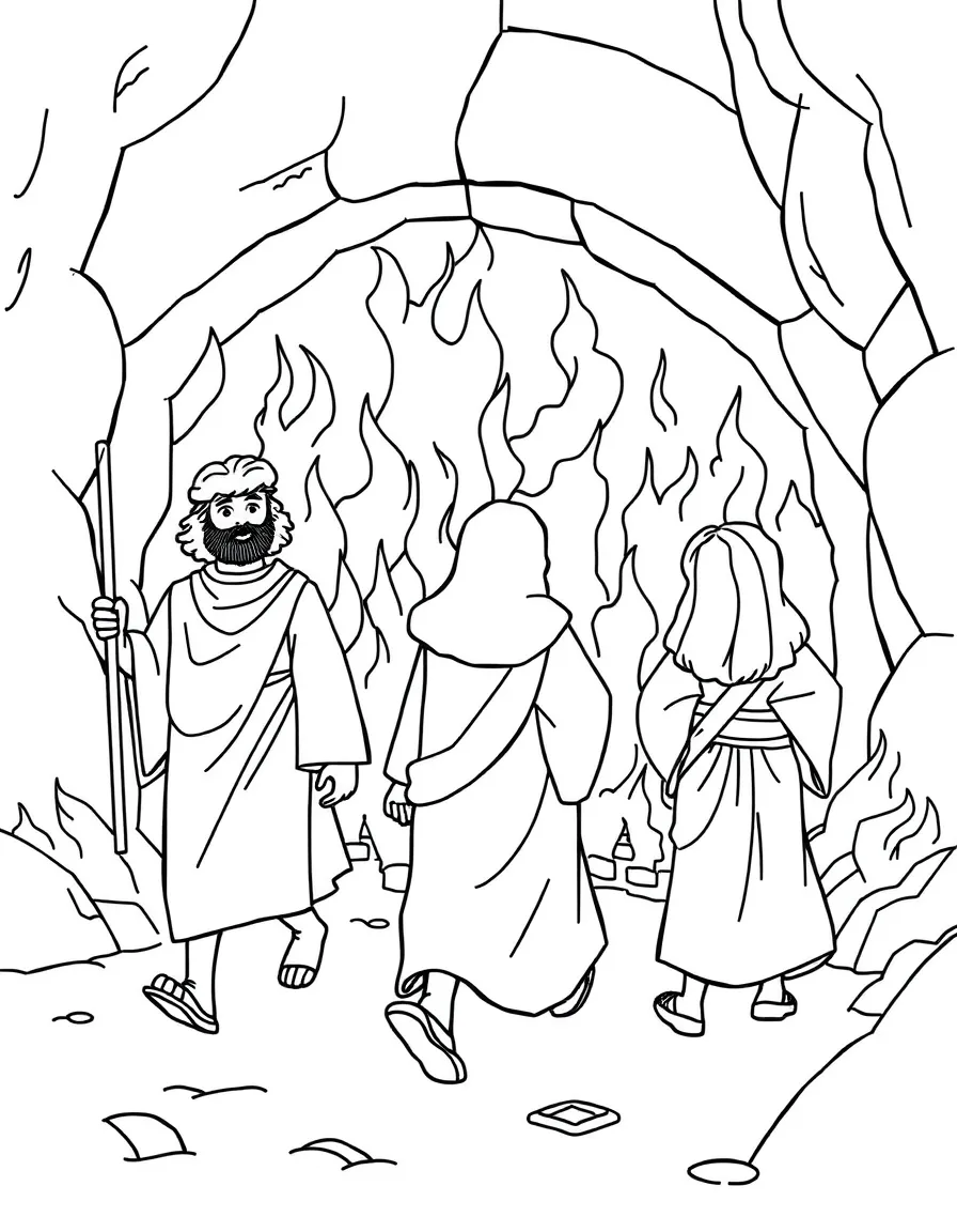 The three friends walking unharmed in the fiery furnace, with a fourth figure.