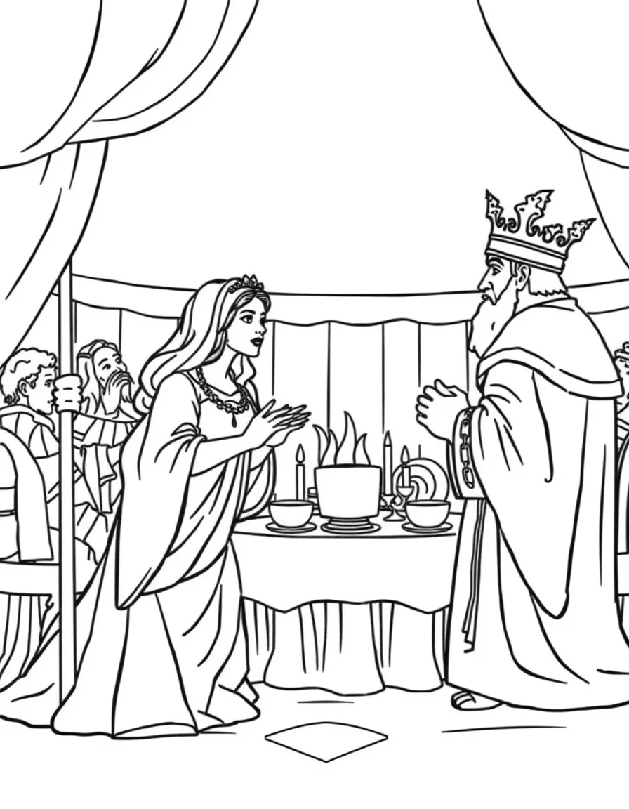 Esther inviting the king and Haman to a banquet.