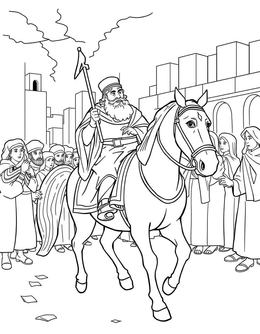 Haman being led on a horse by Mordecai through the city.