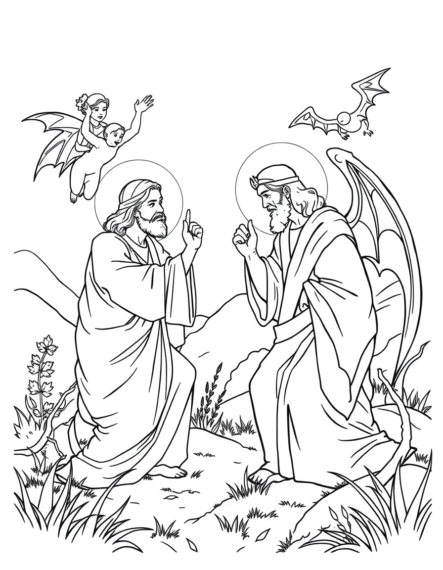 Jesus being tempted by the devil in the wilderness, with angels helping him.