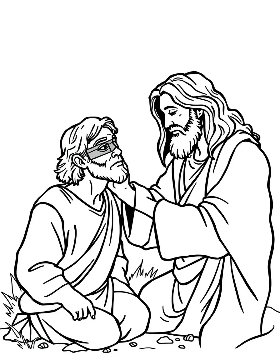 Jesus healing a man who was born blind, putting mud on his eyes.