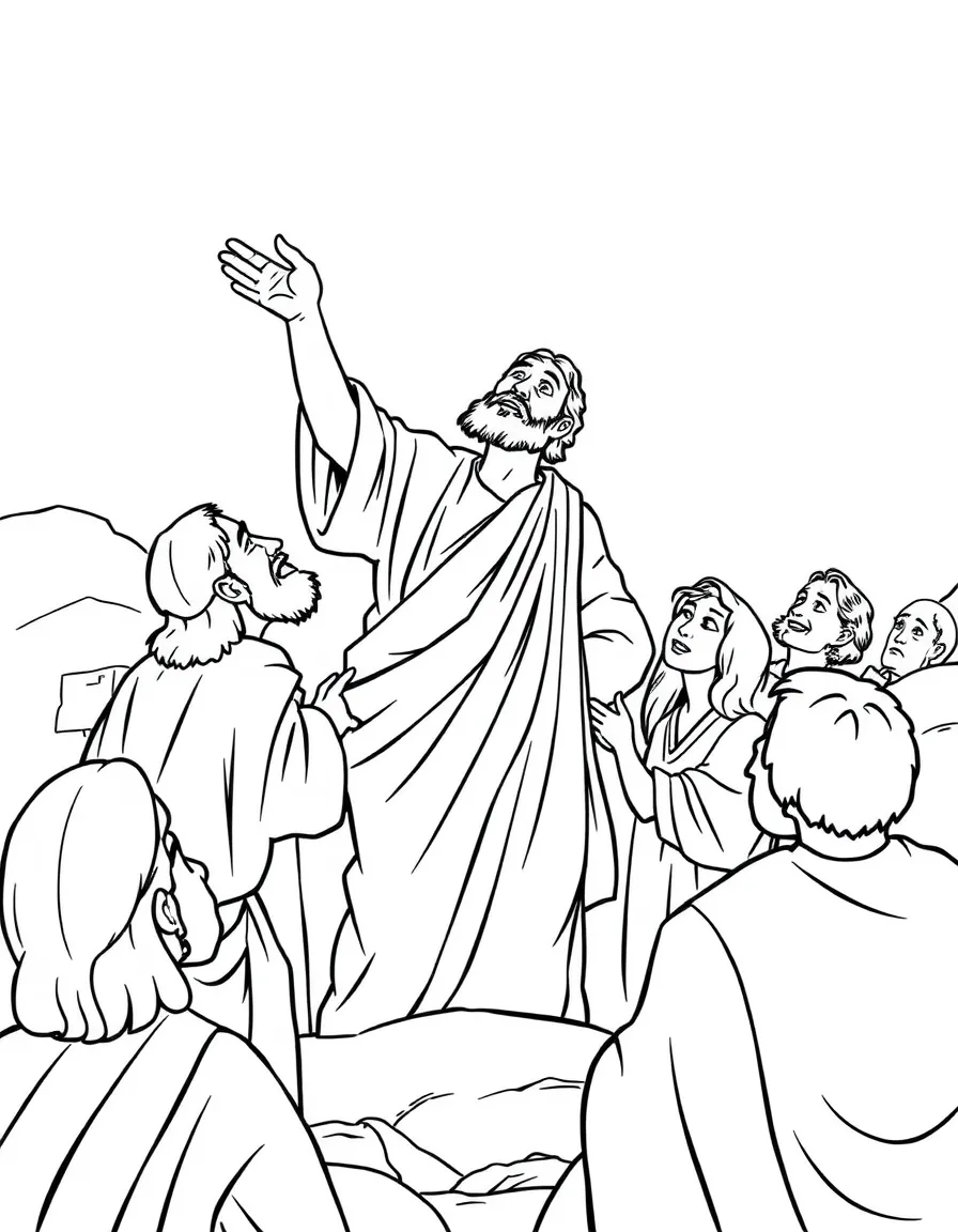 Jesus raising Lazarus from the dead, with people looking amazed.