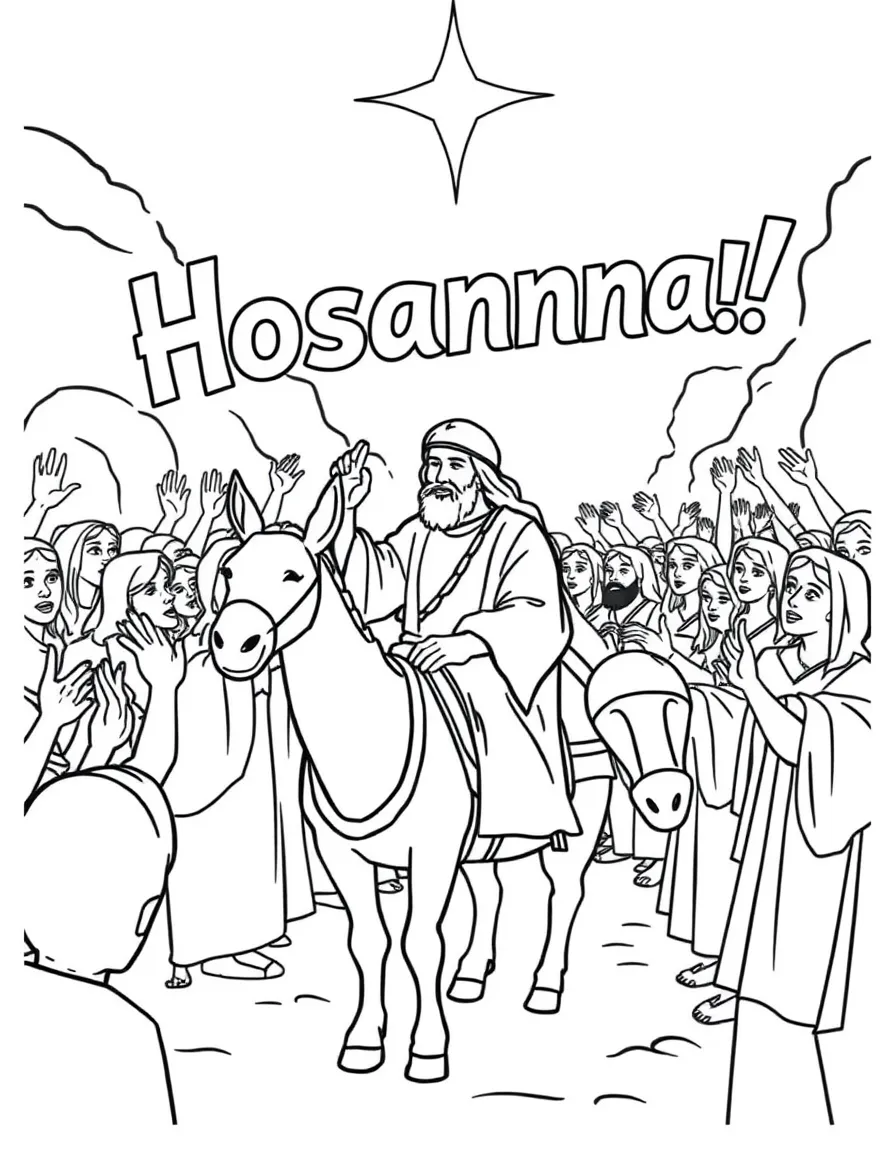 The triumphal entry, with Jesus on a donkey and people shouting "Hosanna!"