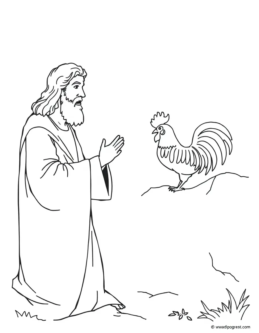 Jesus predicting Peter's denial, with a rooster in the background.