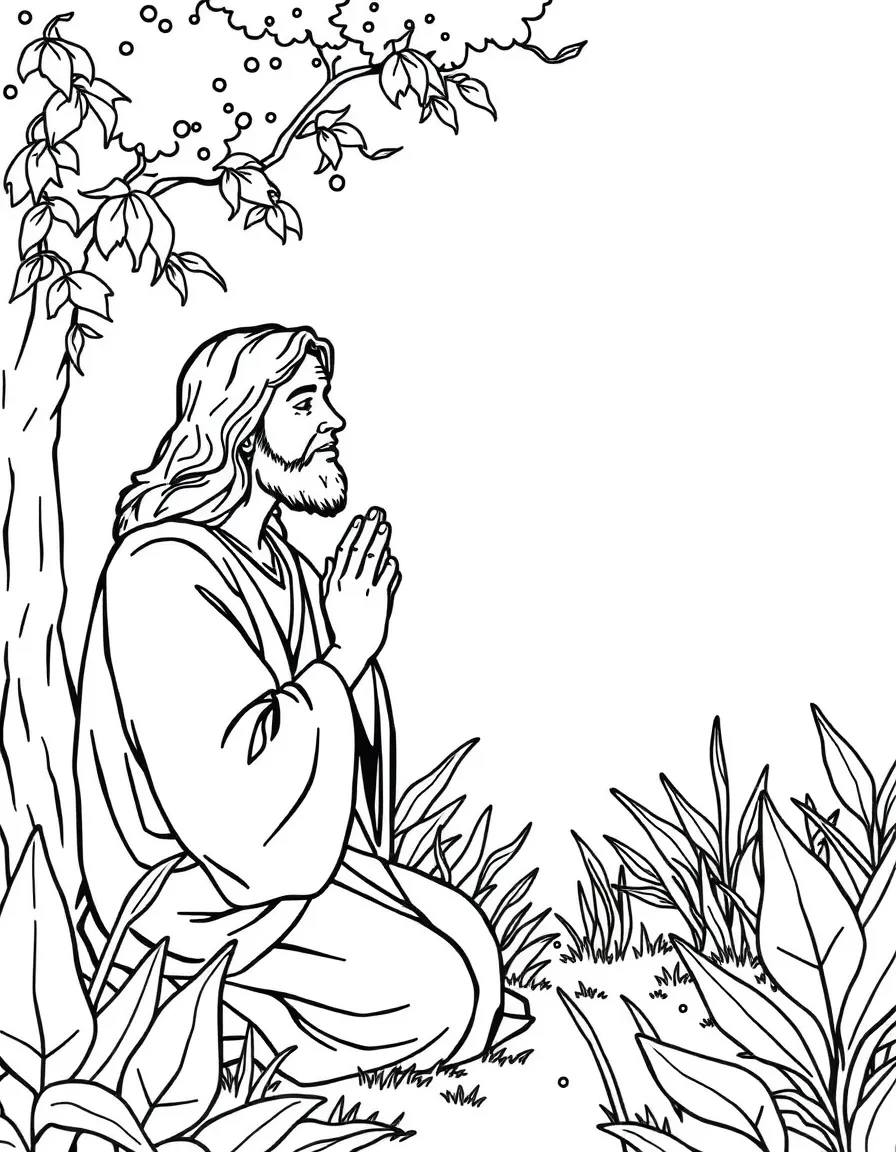 Jesus praying in the Garden of Gethsemane, with sweat like drops of blood.
