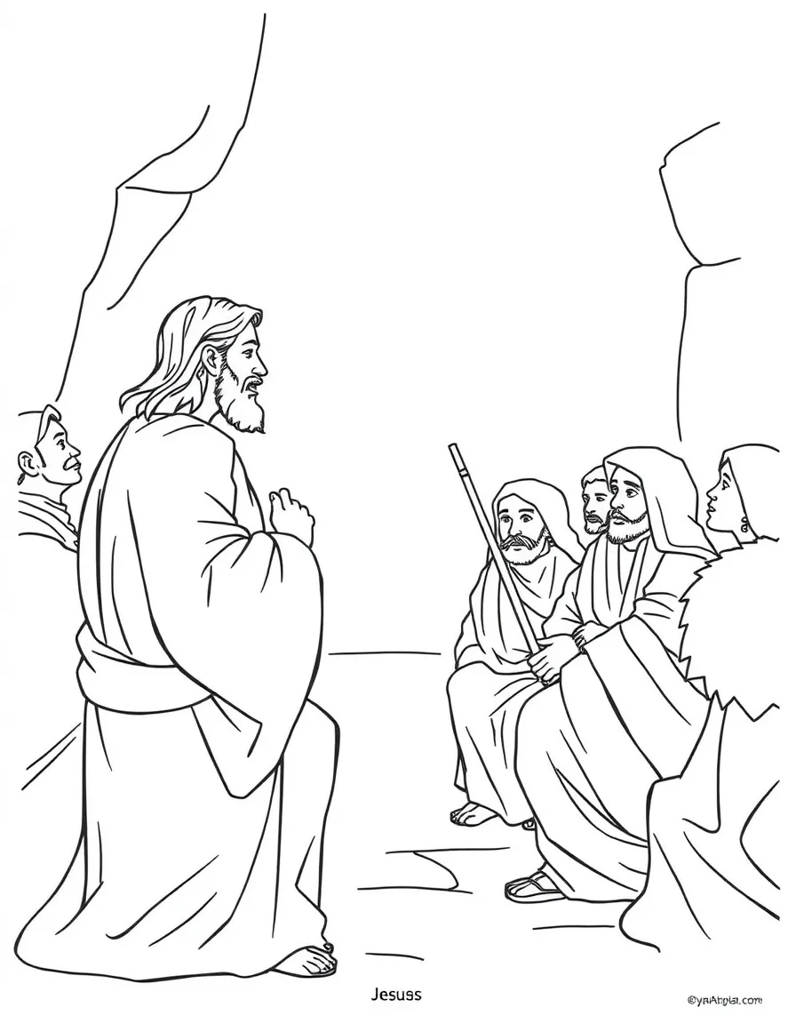 Jesus before Caiaphas, with false witnesses testifying against him.