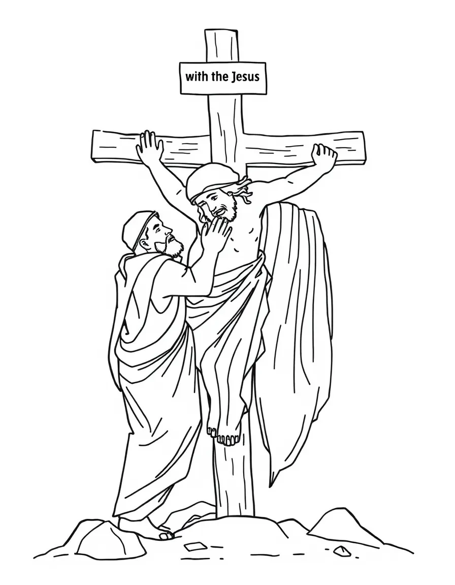 The two criminals crucified with Jesus, one asking for forgiveness.