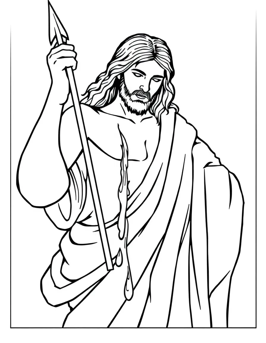 Jesus' side being pierced with a spear, and blood and water coming out.