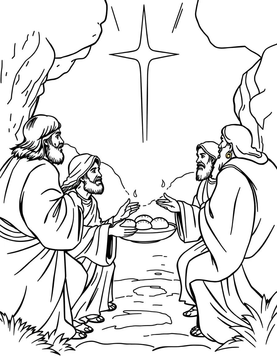 Jesus appearing to his disciples on the road to Emmaus, breaking bread.