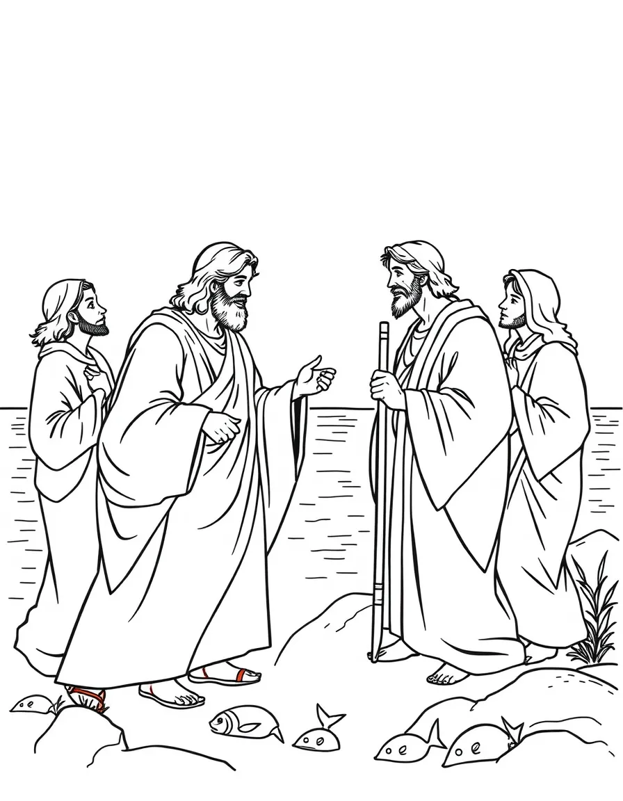 Jesus appearing to seven disciples by the Sea of Tiberias, helping them fish.