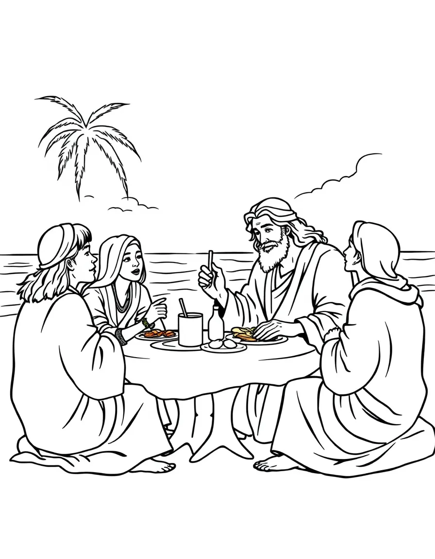 Jesus eating breakfast with his disciples on the beach.