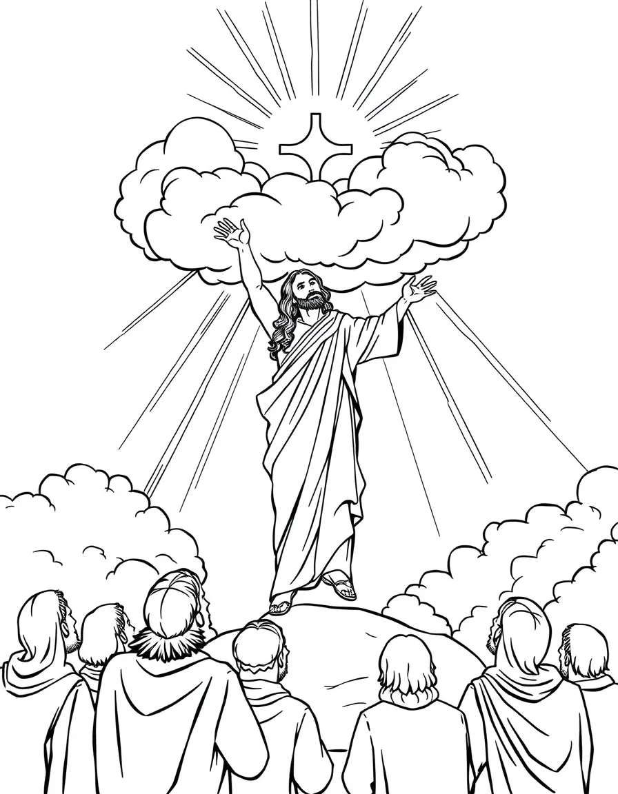 Jesus ascending into heaven in a cloud, with disciples watching.