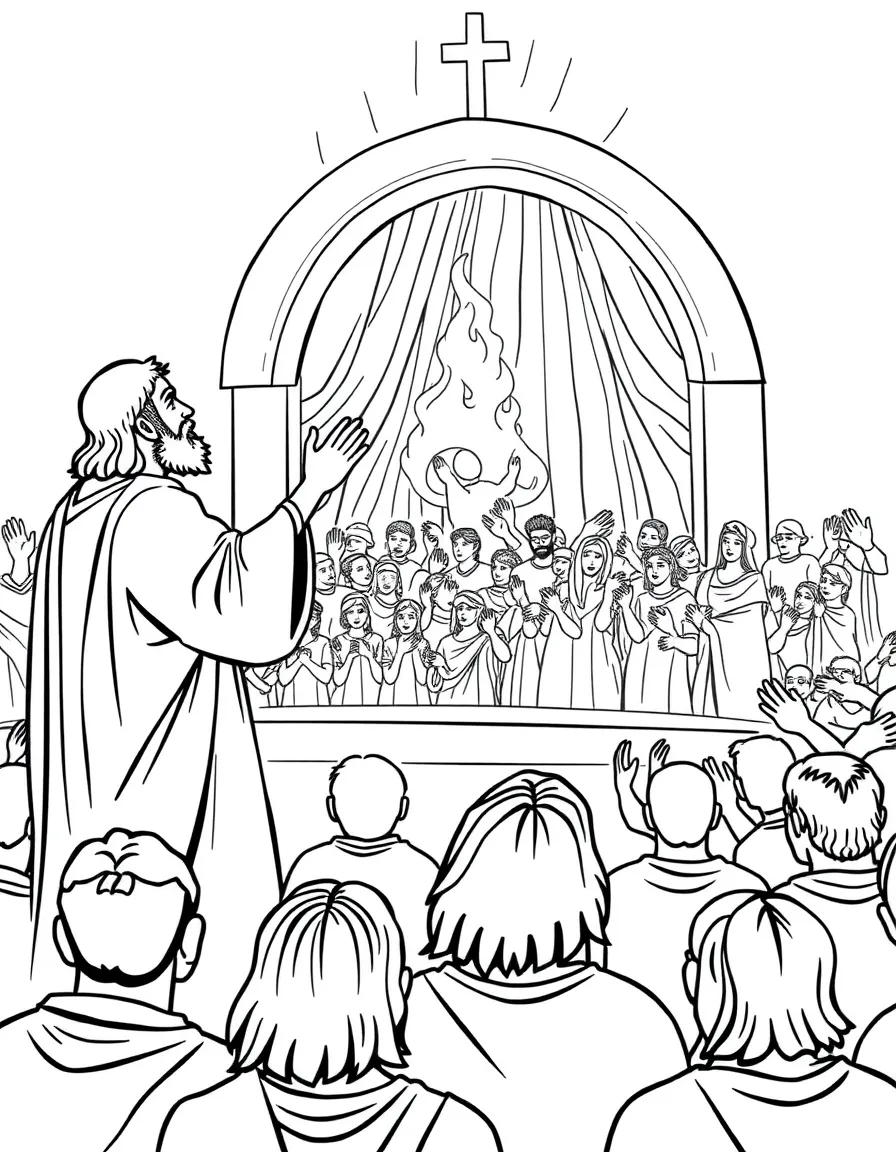 Peter preaching to a huge crowd on Pentecost, with people converting.