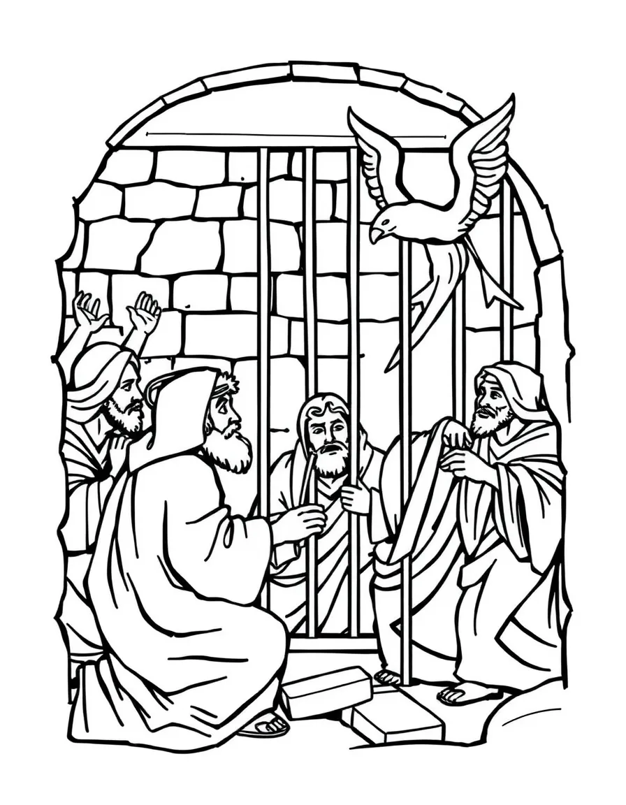 The apostles being arrested and put in prison, but an angel frees them.