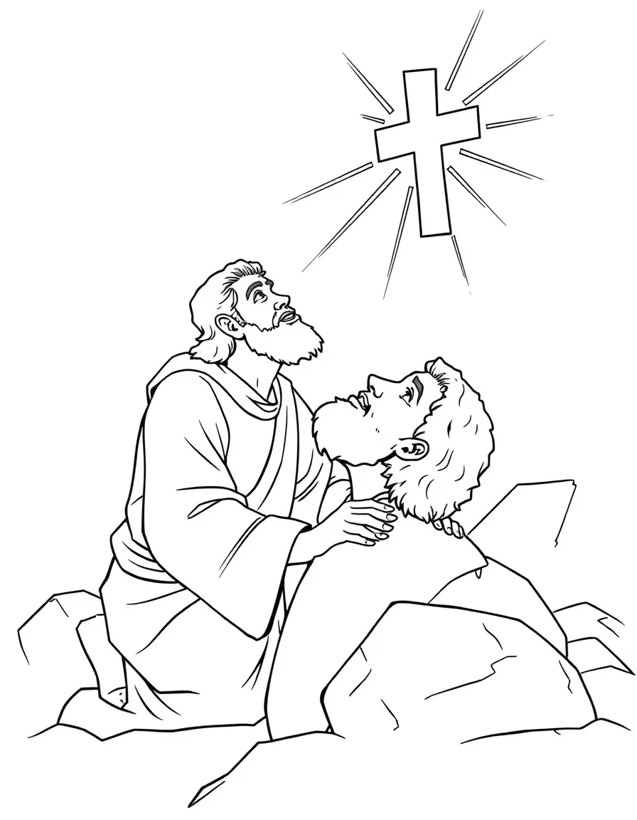 Stephen being stoned, looking up to heaven and seeing Jesus.