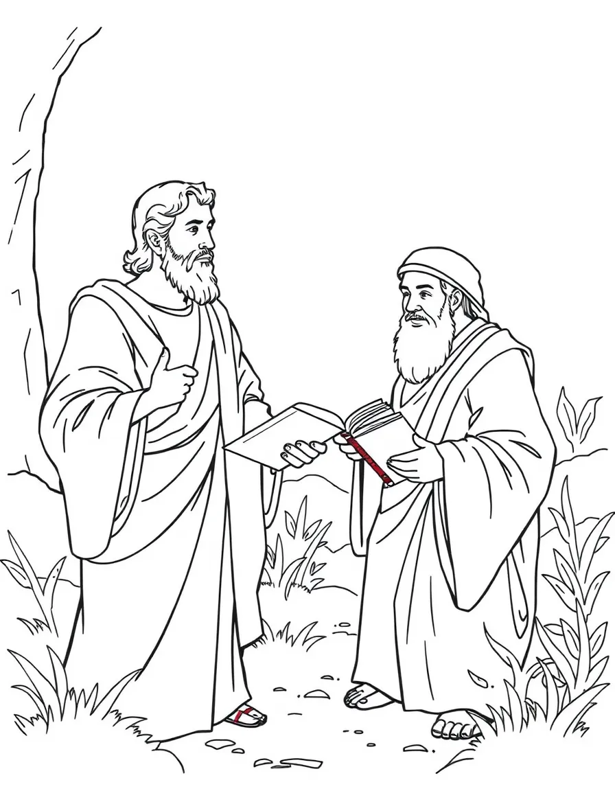 Philip preaching to the Ethiopian eunuch, who is reading from Isaiah.