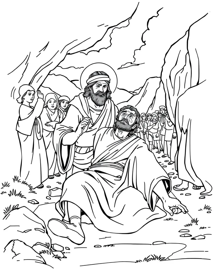 Saul's conversion on the road to Damascus, falling to the ground.