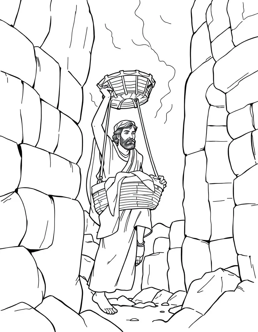 Paul in Damascus, being lowered from the wall in a basket.