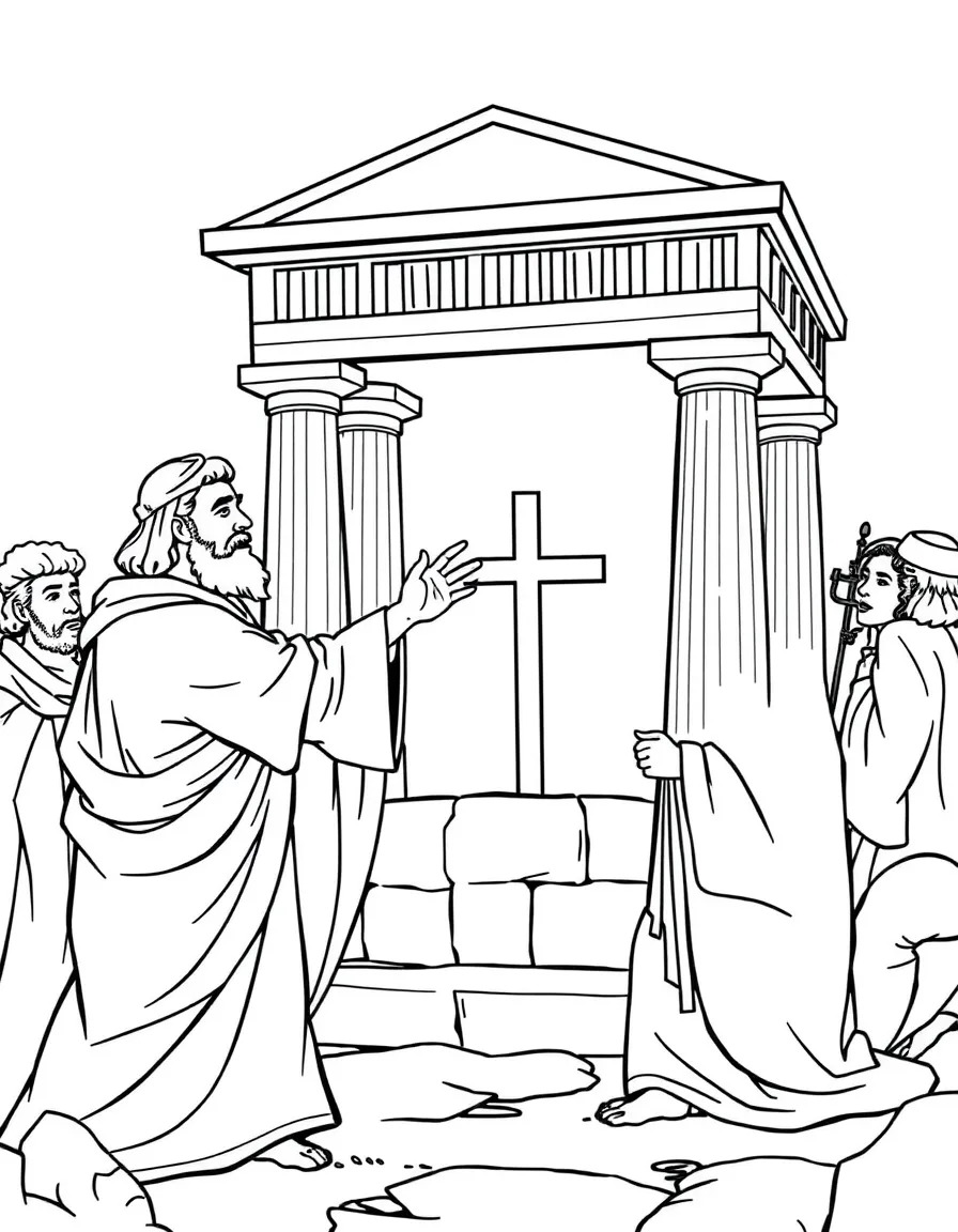 Paul preaching in Athens, pointing to the altar to "an unknown god."