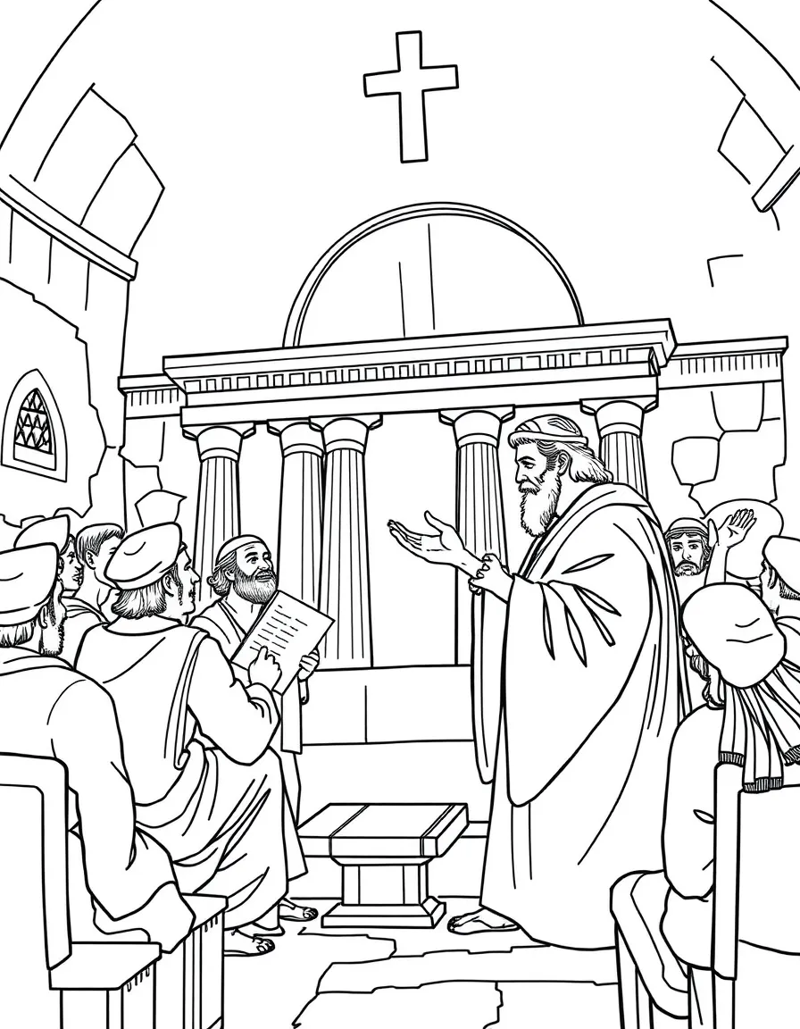 Paul reasoning in the synagogue in Corinth, persuading Jews and Greeks.
