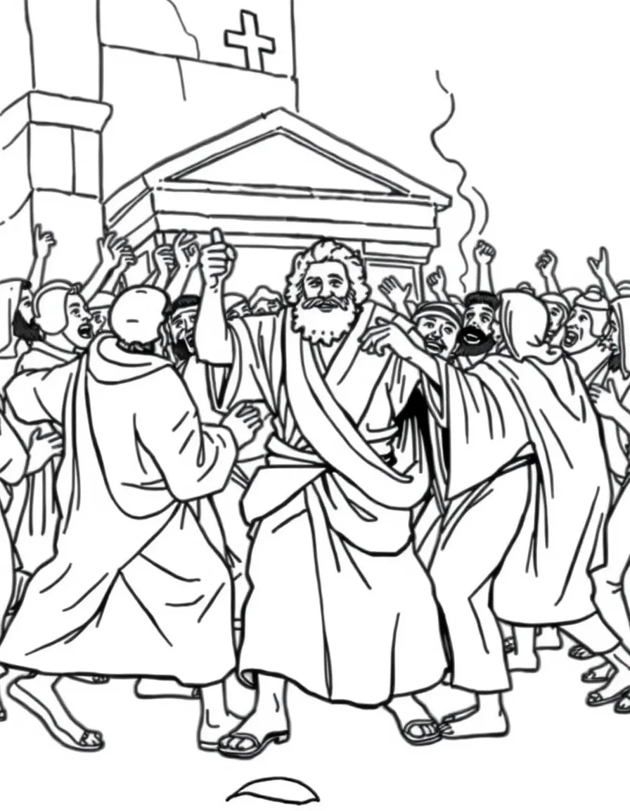 Paul being dragged out of the temple by a mob.
