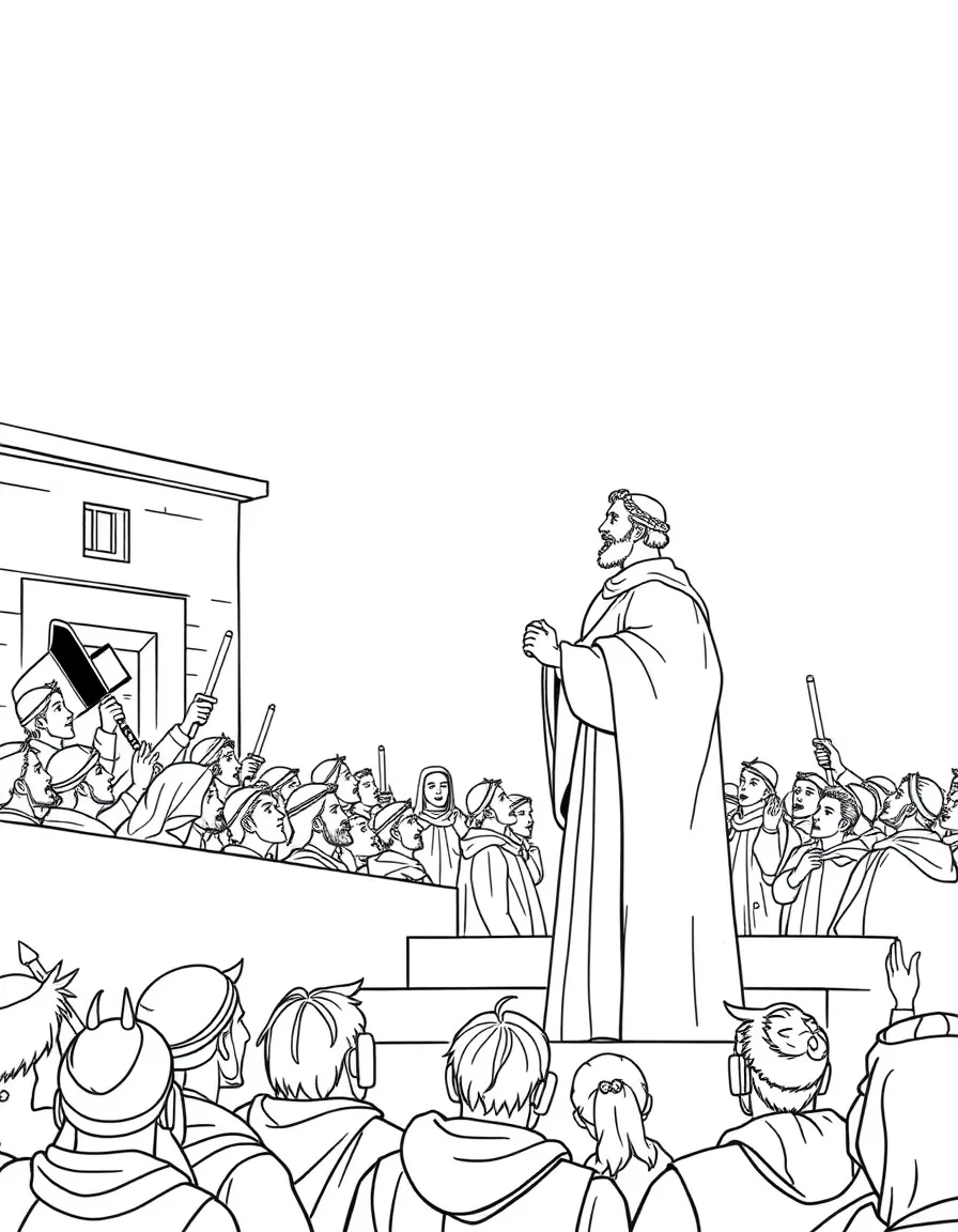 Paul speaking to the mob from the steps of the barracks.